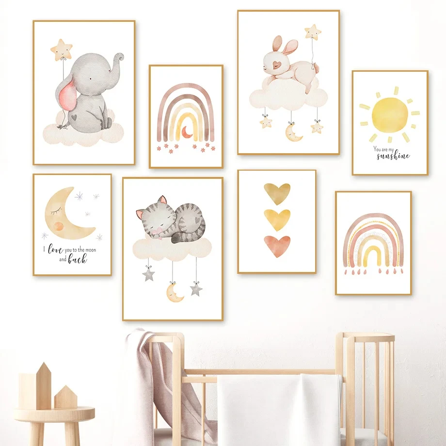 2026 Elephant Rabbit Cat Wall Art Canvas Painting  Sun Rainbow Moon Star Cloud Boho Posters And Prints Wall Pictures Kids Room D