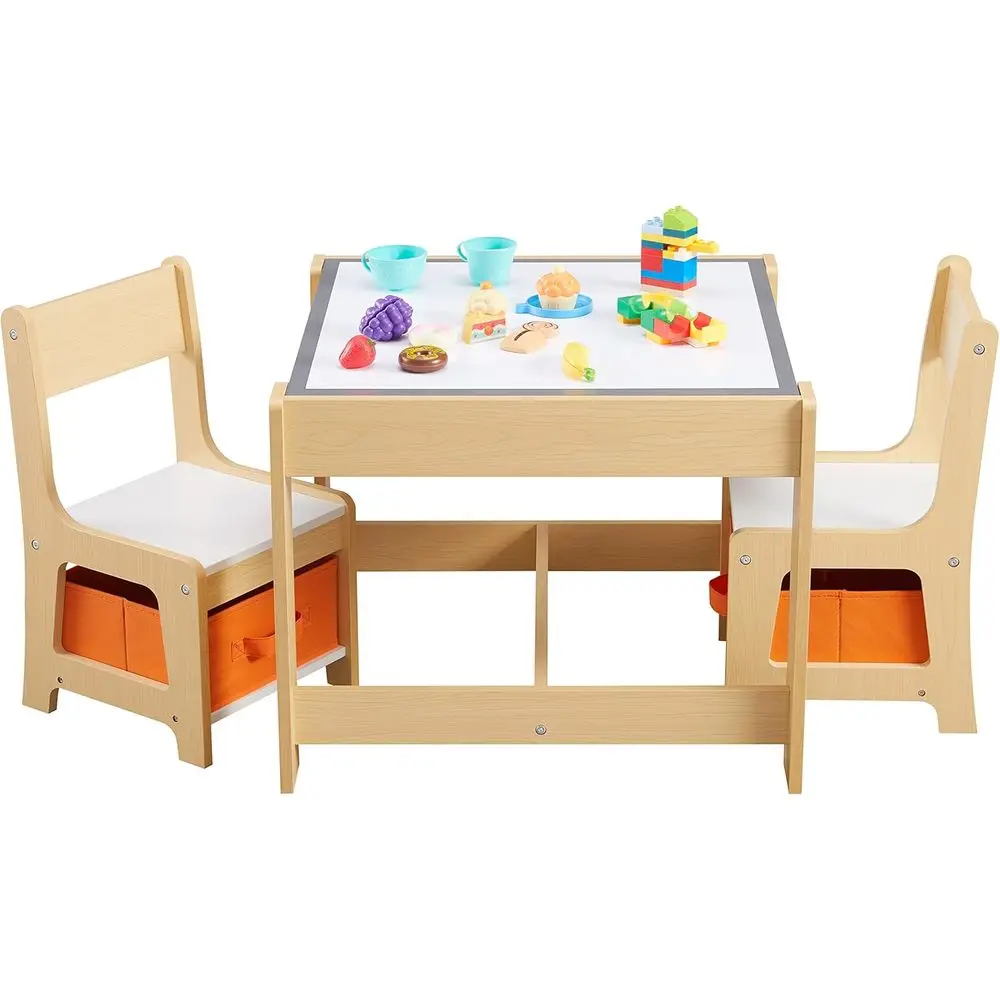 Kids Table and Chair Set, 3 in 1 Wooden Activity Table with Storage Der or Toddlers Ding, Reading, Crats, 2 in 1 Detachable Tabl