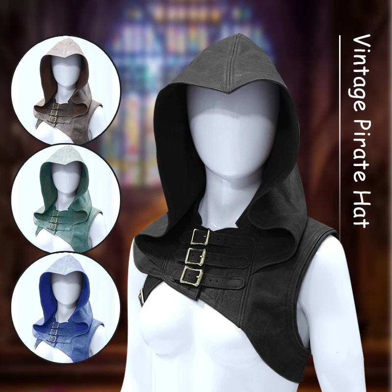 Men Women Medieval Retro Buckle Loop Shoulder Waistcoat Leather Riding Hooded Shawl Stage Performance Warrior Cosplay Costumes