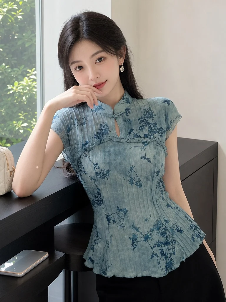 Summer Unique Beautiful National Style  Top New Chinese Style plus Size Blue One-Button Print Short Sleeve Shirt