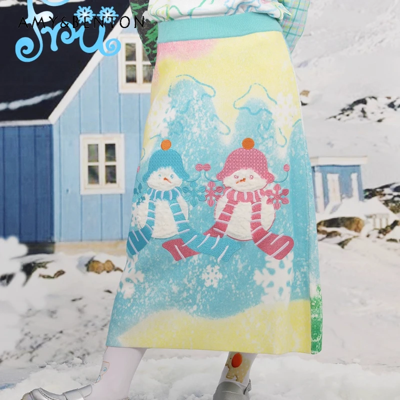

Winter Knitted Cute Snowman Blue Loose Women's A-line Skirt Original Design Japanese Sweet Versatile Age-reducing Skirts Ladies