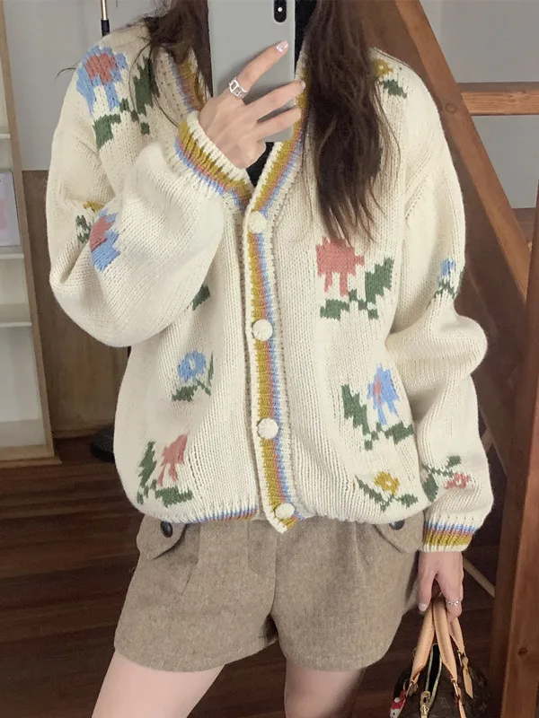 Coreano sle thiened malha v-ne único botão flor bordado aberto cardigan feminino faion outerwear camisola casaco