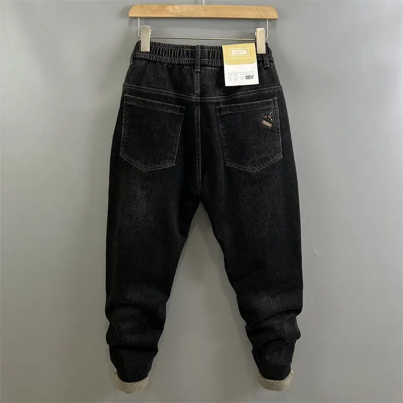 Men's Jeans Joggers Autumn Winter Thickening Warmth Drawstring Casual Pants Korean Sweatpants Black Denim Trousers Men Clothing