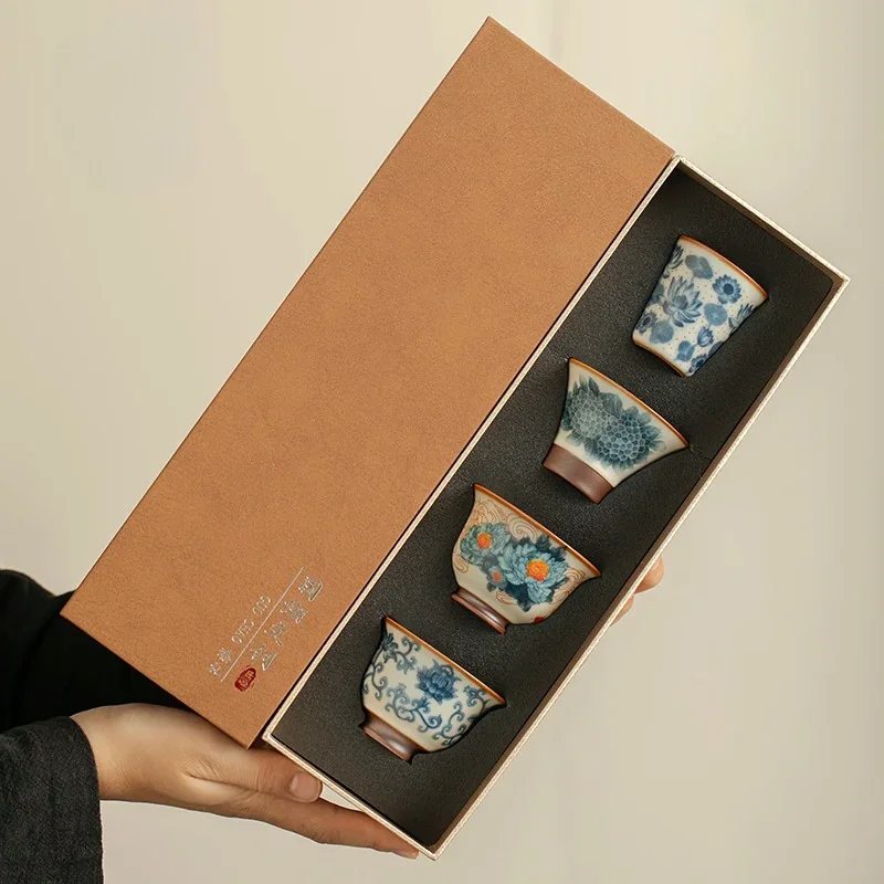 Nuevo Juego de Tazas de Té de Esmalte Azul y Blanco Estilo Chino Ru Kiln, Taza de Degustación de Alta Gama, Regalo de Té para Cumpleaños y Recuerdos