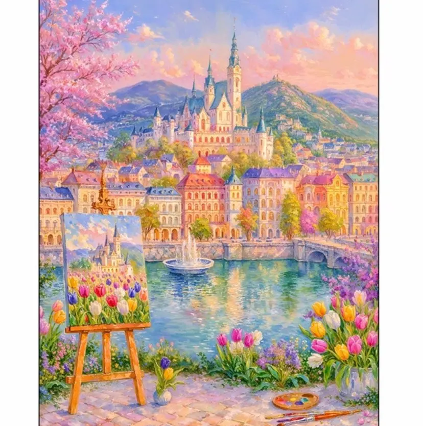 

9ct 100x80cm Tulip Castle Printed Kit Cross Stitch Embroidery DIY Needlework Set Crafts With Needles Threads