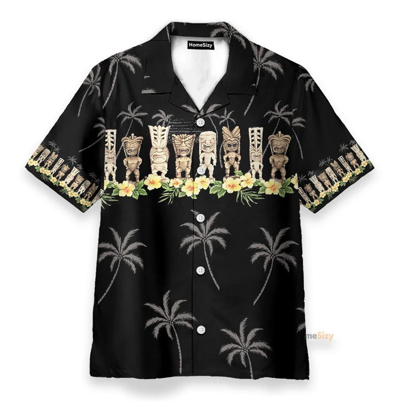 

Hawaii Tribe Tiki Mascot Print Men Short Sleeve Shirt New Fashion Beach Vacation Leisure Button Shirts Summer Hawaiian Shirt