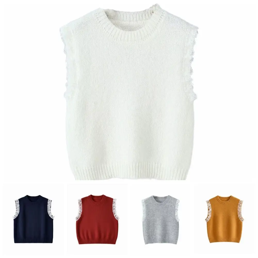 Fashion Round Neck Lace Sleeveless Sweater Pullover Korean Style Knitwear Women Solid Color Sweet Knitted Waistcoat Top Girls