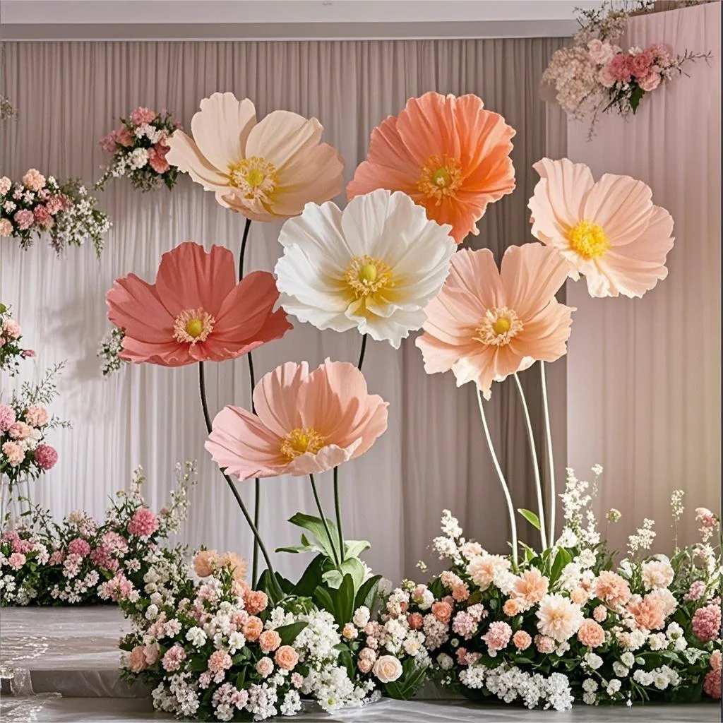 

Large Paper Flowers for Wedding Backdrop Decor, Crepe Paper Artificial Flowers, Champagne & Red, Bulk Bridal Shower