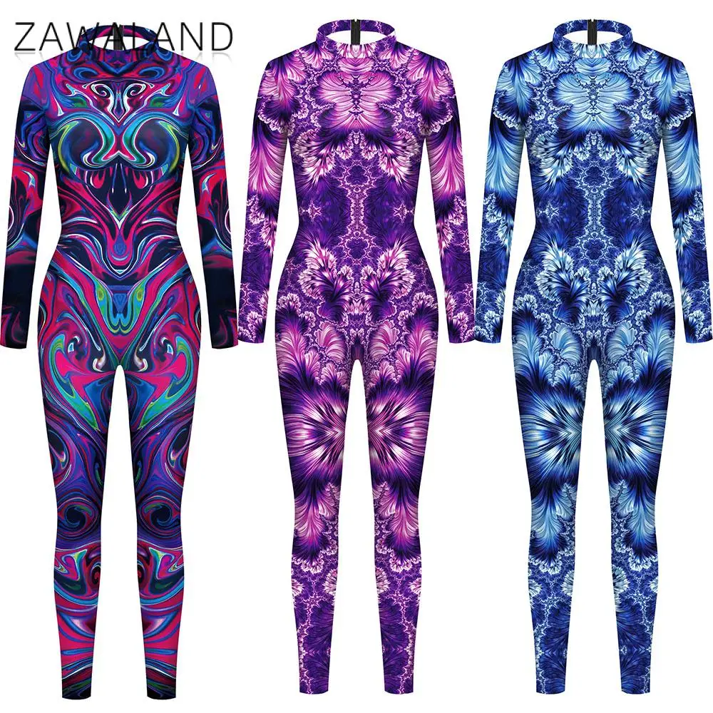 Zawaland Cosplay Costumes Women Carnival Punk Steampunk Sexy Slim Jumpsuit Performance Colorful Texture 3D Print Zentai Bodysui