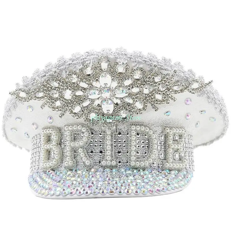 Y88A قبعة الكابتن المرصعة بالجواهر مع الترتر الكريستالي الثقيل لحفلات العزوبية للعروس، قبعة مطرزة يدويًا باللؤلؤ، صور الزفاف