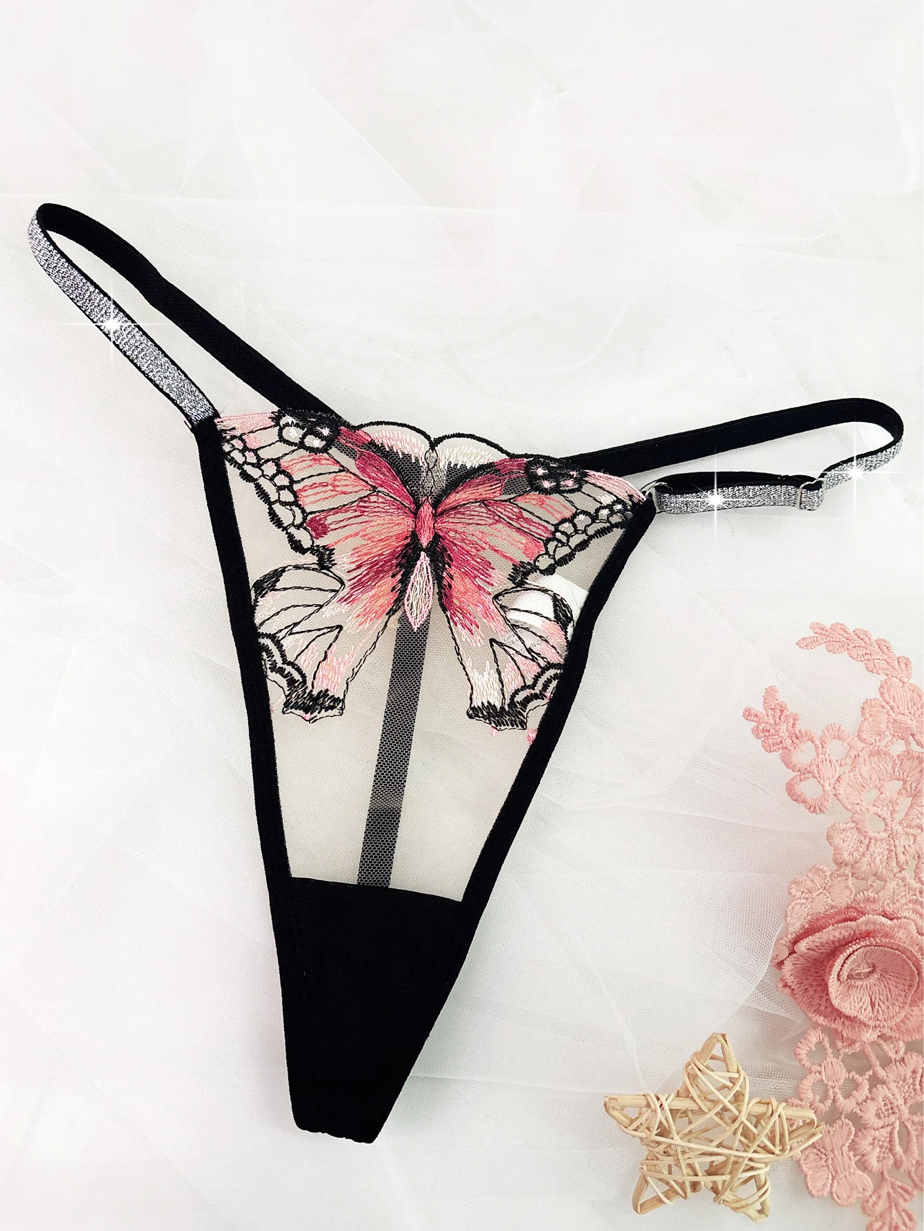 Romance Butterfly Embroidery Bright Silk Ribbon Temptation Black Thong , Women\'s Sexy Lingerie &  Thong