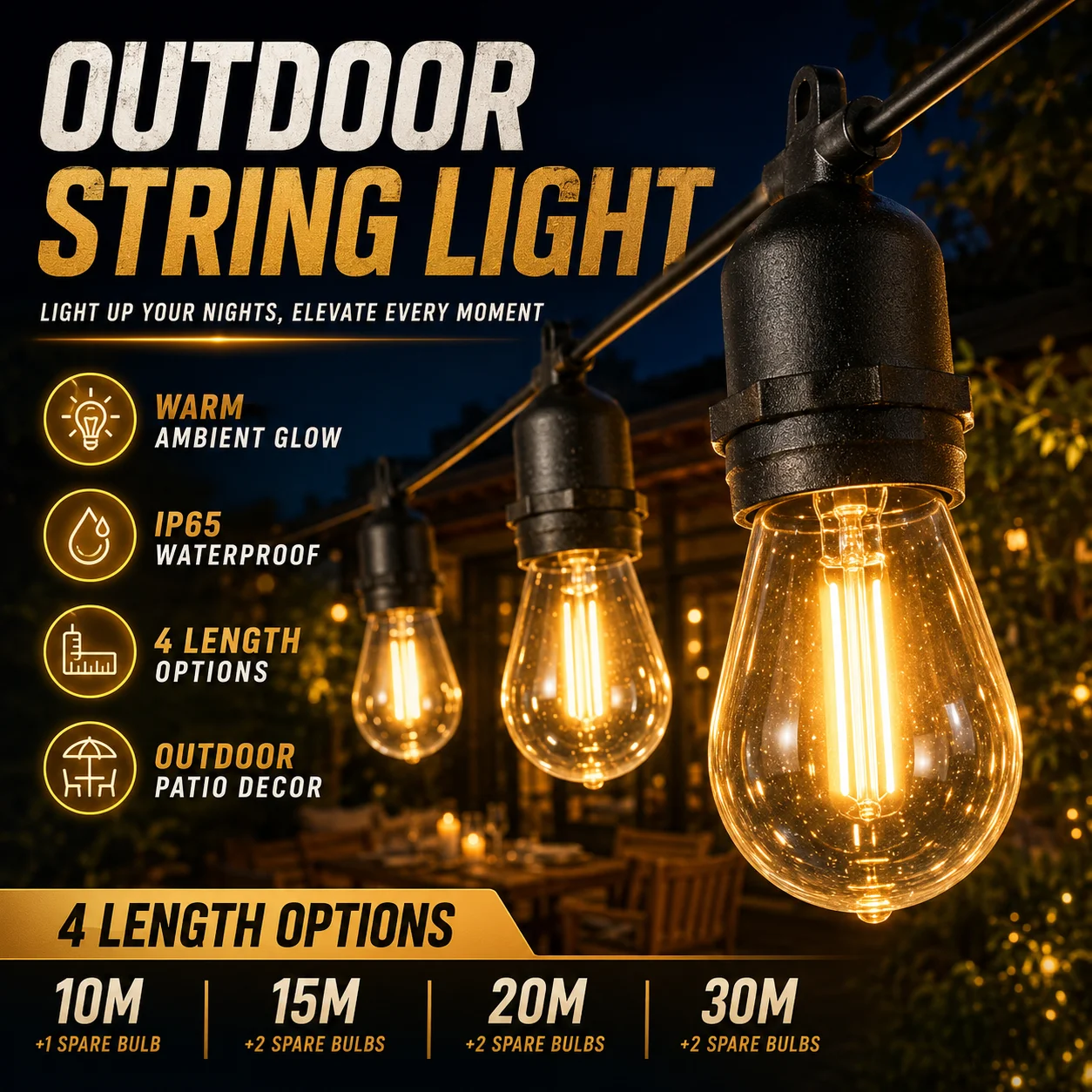 ST45 Outdoor LED String Lights Shatterproof Bulbs Waterproof Patio String Lamp for Garden Outside Backyard 10/15/20/30M Lights