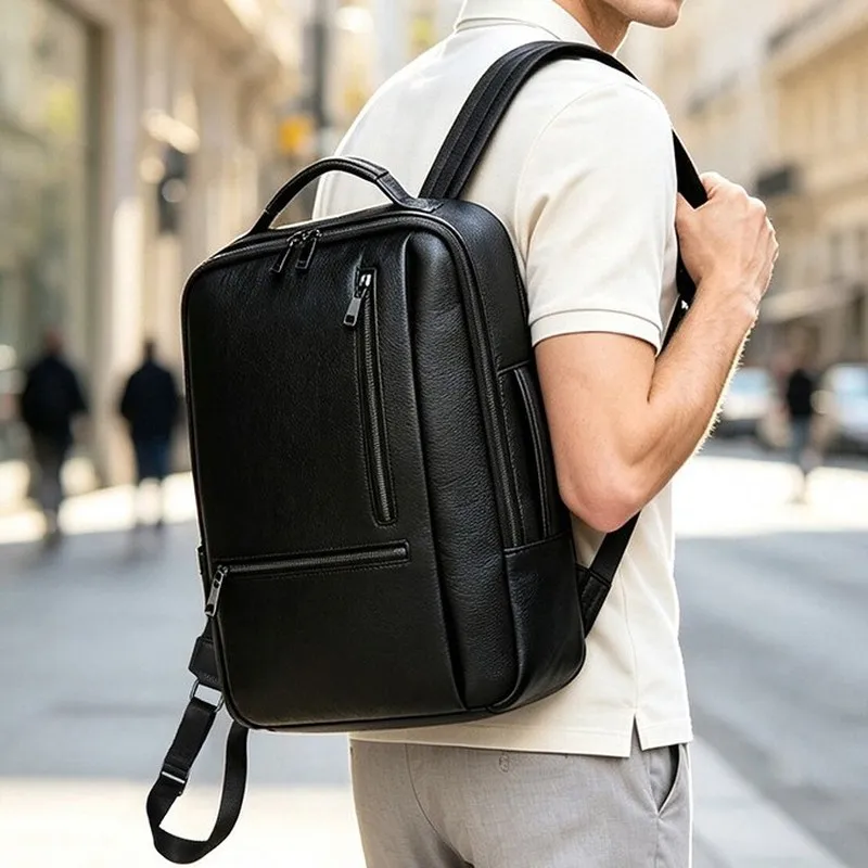 Black Genuine Leather Laptop Backpack for Men Cowhide Business Commuter Bag Water Resistant Travel Rucksack for Work