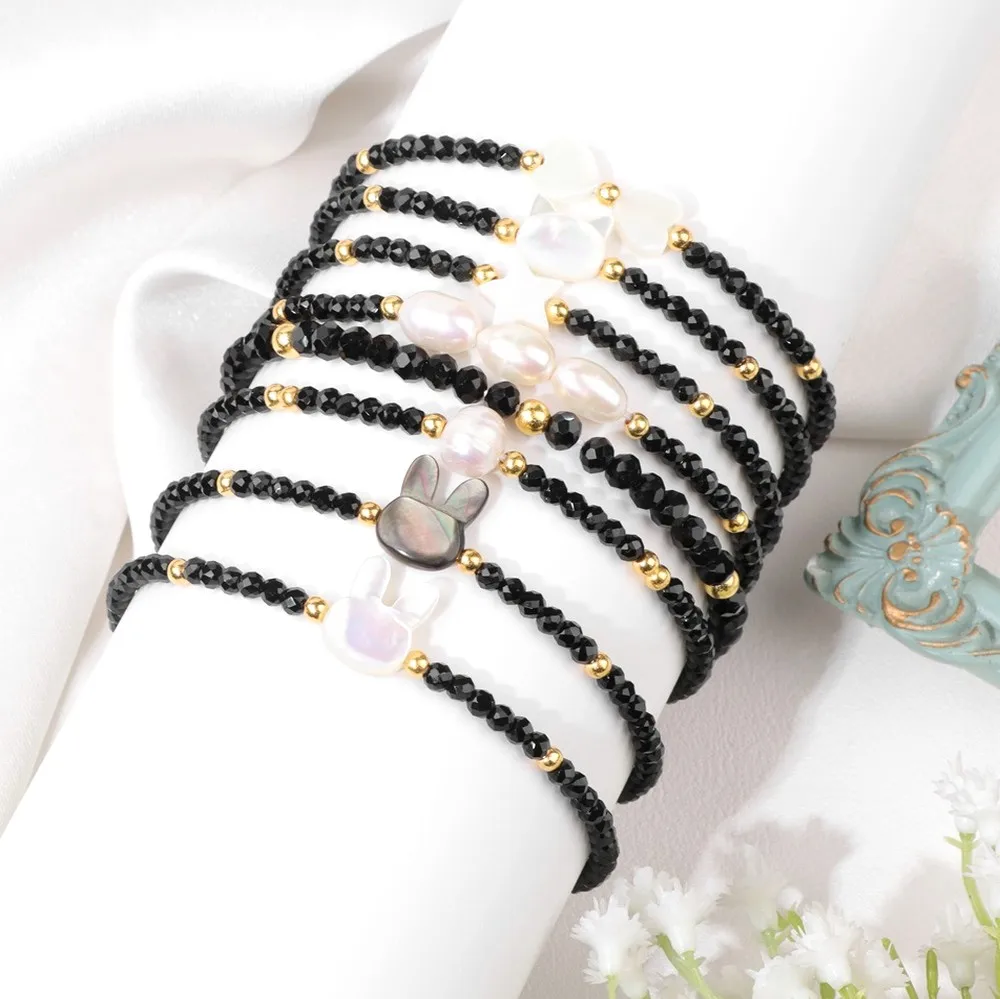 Natural Stone 4mm Black Spinel Beaded Bracelet for Women Shell Cat Head Rabbit Head Pearl Fresh Korean Style Jewelry