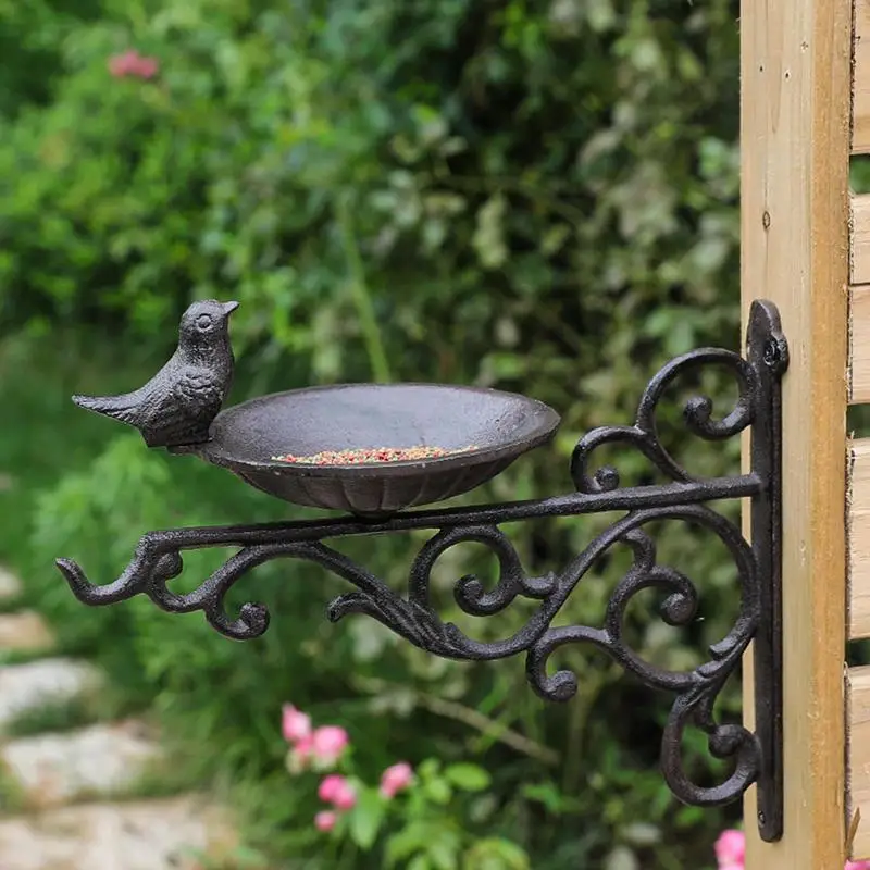 Wall Mounted Bird Bath Decorative Bird Feeder Cast Iron Garden Ornaments Nuts Mealworms Water Tray Basket Bracket with Bird