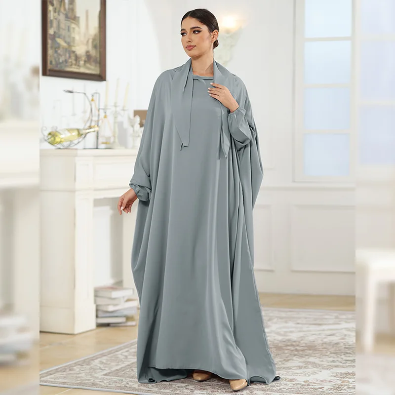 Moroccan solid colored robe Muslim luxury fashion women's clothing with straps Dubai Arab clothing loose fitting dress long skir