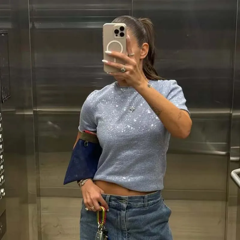 

YENKYE 2025, модная вязаная футболка с блестками, женские повседневные футболки с круглым вырезом и короткими рукавами, летние топы, уличная одежда, ropa de mujer