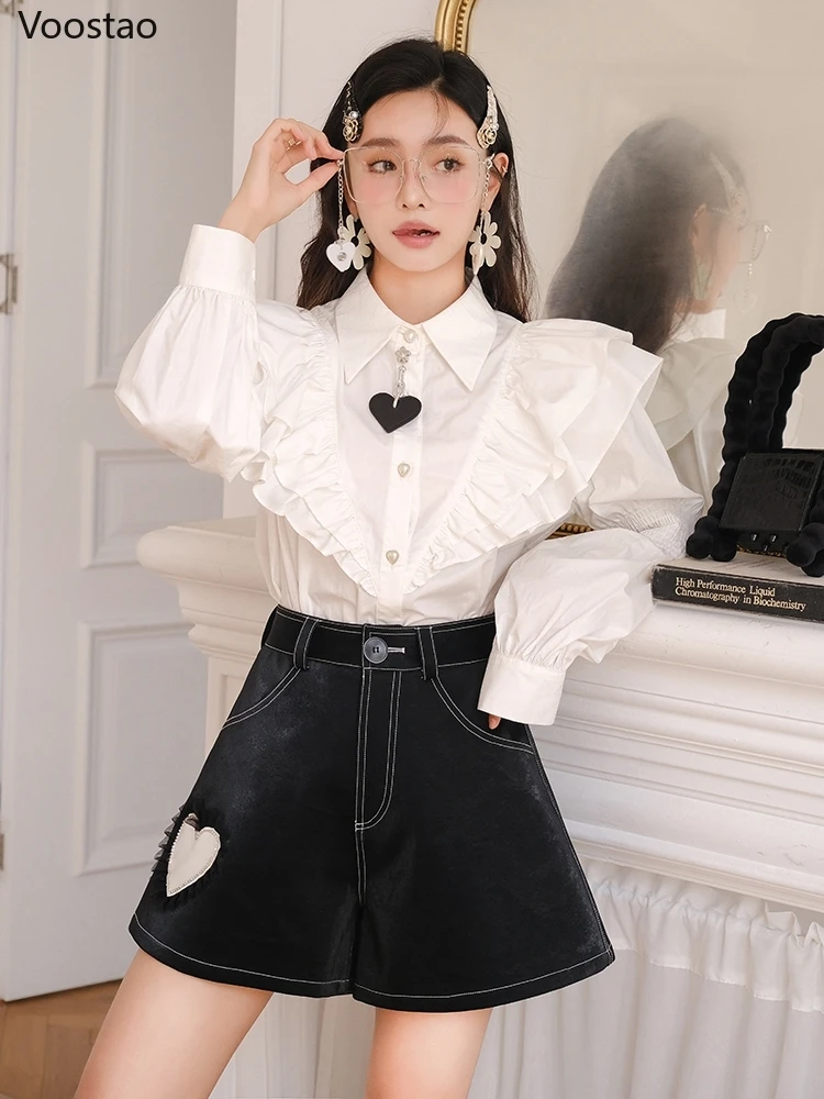 Elegant Vintage Y2k White Shirts Women Korean Chic Ruffles Heart Shape Pendant Puff Sleeve Top Female Sweet Clothes Blusas Mujer