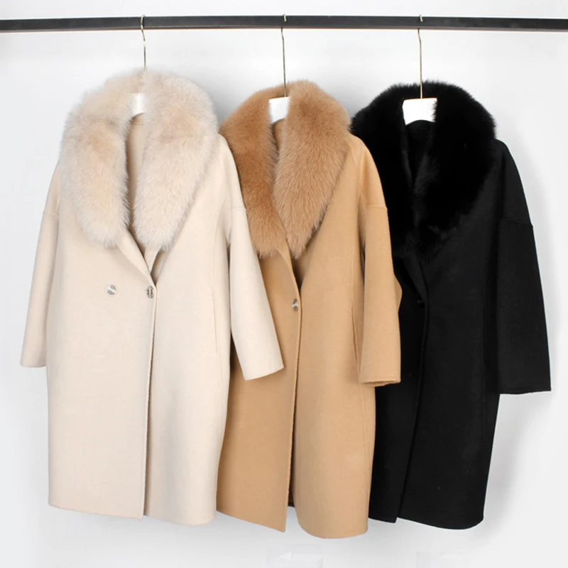 2024 Fall Winter Women Double faced Wool Coat Fashion Oversized Female Natural Fox Fur Collar Mid-length Woolen Outwear Clothes