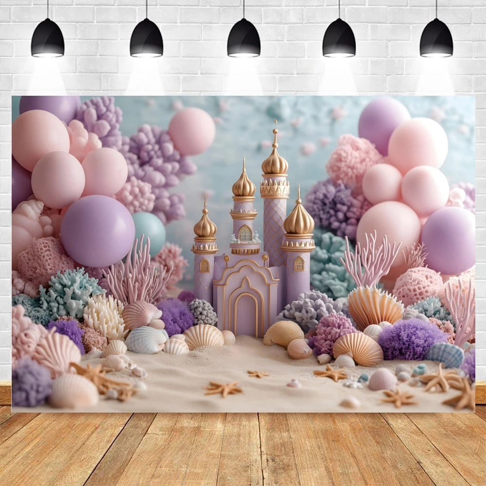 خلفيات حورية البحر للأطفال للصور الفوتوغرافية على شكل قلعة المحيط بالونات لحفلات أعياد الميلاد وحفلات استقبال المولود الجديد وخلفيات التصوير الفوتوغرافي