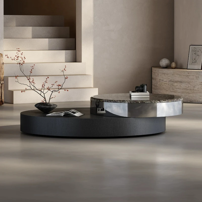 Italian Minimalist Rotating Nesting Coffee Table Luxury Natural Marble Stone Oval Tea Table with Stainless Steel Trim Furniture