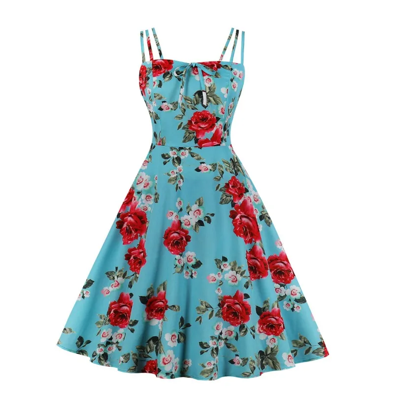 2024 New Bow Front A Line Vintage Elegant Floral Party Cami Dress Women Summer Spaghetti Strap Shirred Back Cotton Retro Dresses