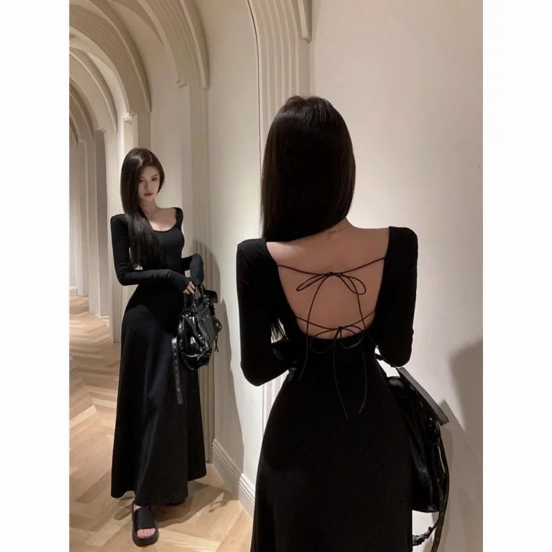 

Hepburn elegant French style long sleeve dress WOMEN'S autumn backless high-grade black skirt tight waist A- line dress