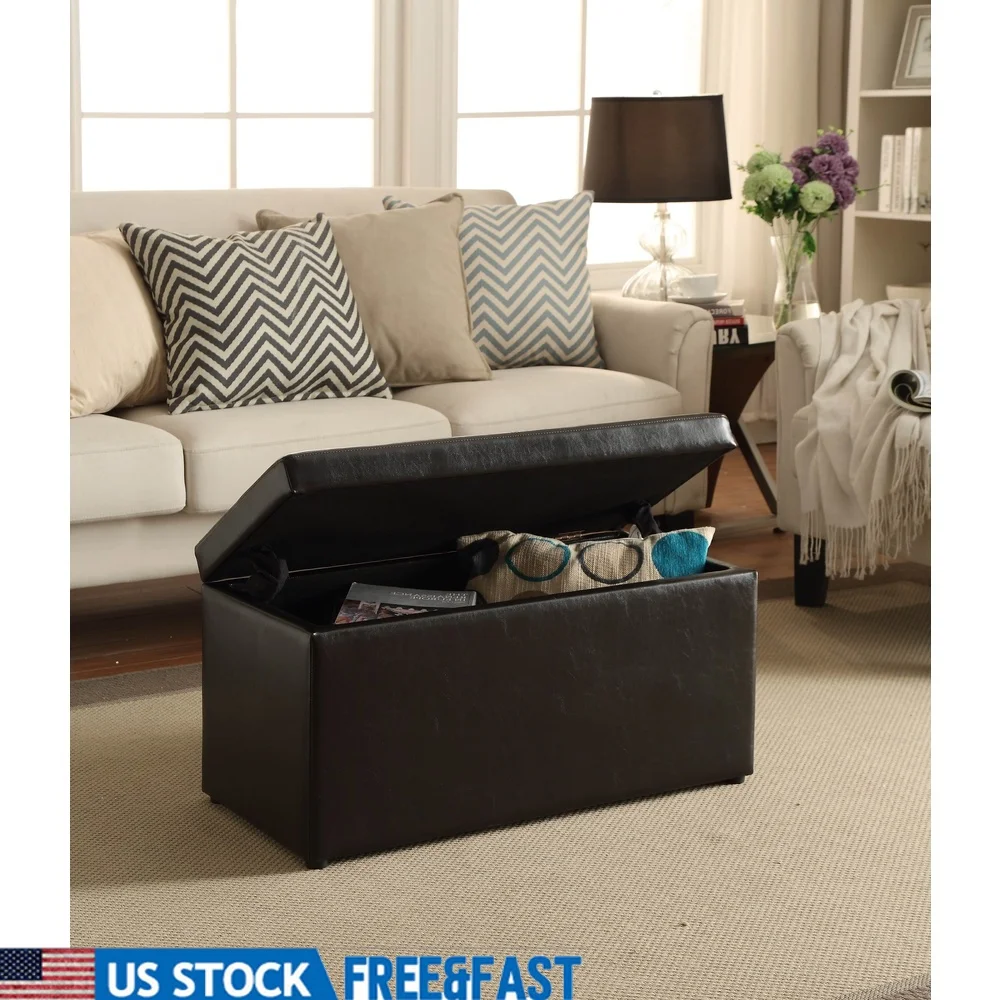 

Multifunctional 30 Inch Hinged Storage Ottoman Brown Faux Leather Footrest Comfortable Seating Organizer Living Room Bedroom