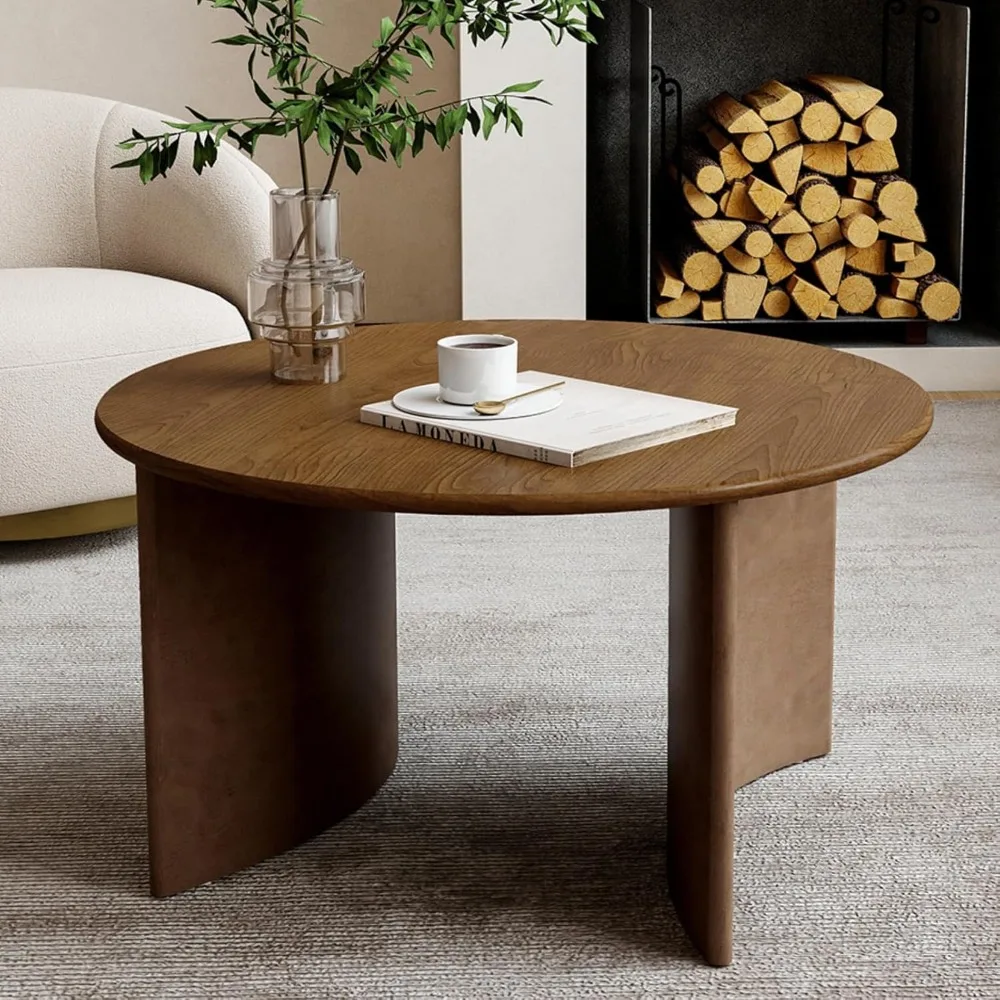 

Walnut Round Coffee Table with Curved Base, Solid Wood Design, Perfect for Living Rooms and Apartments