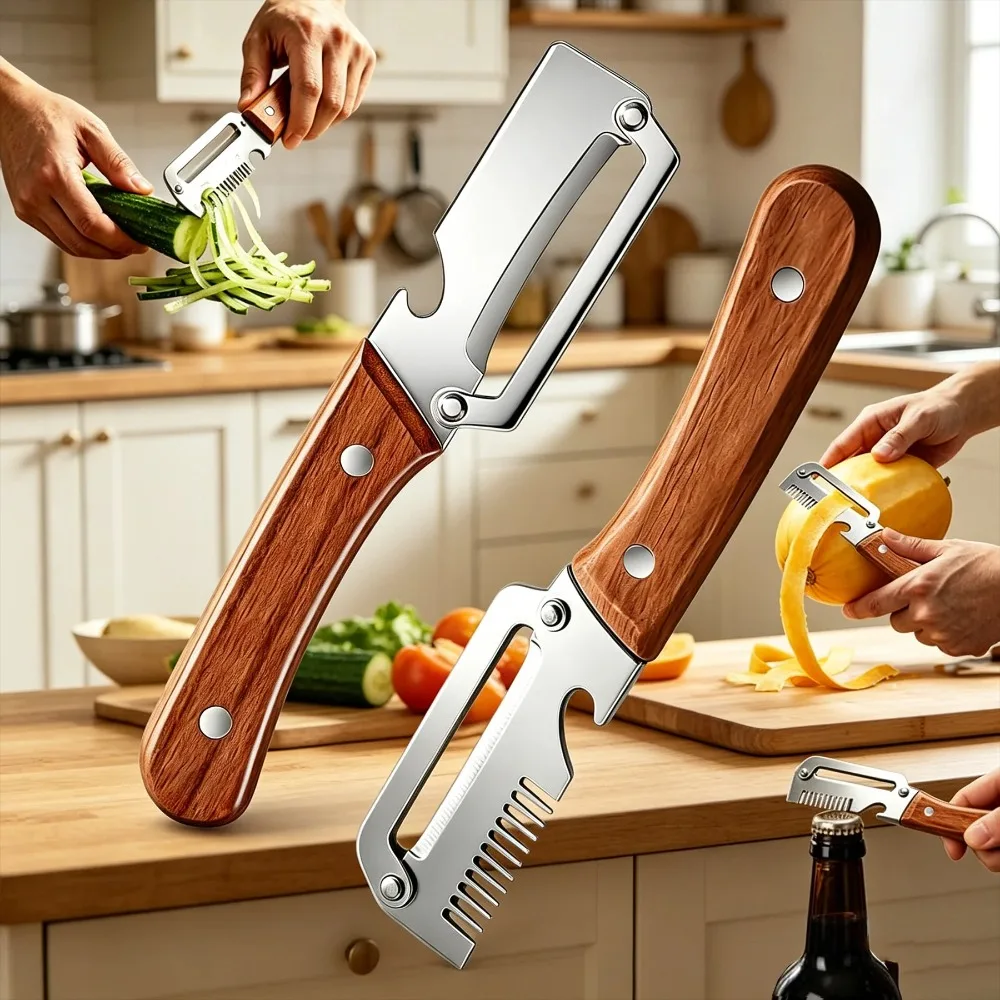 Edelstahl-Gemüseschäler mit Holzgriff Multifunktionaler Kartoffelschneider Obstschälwerkzeug Flaschenöffner Küchen-Gadget
