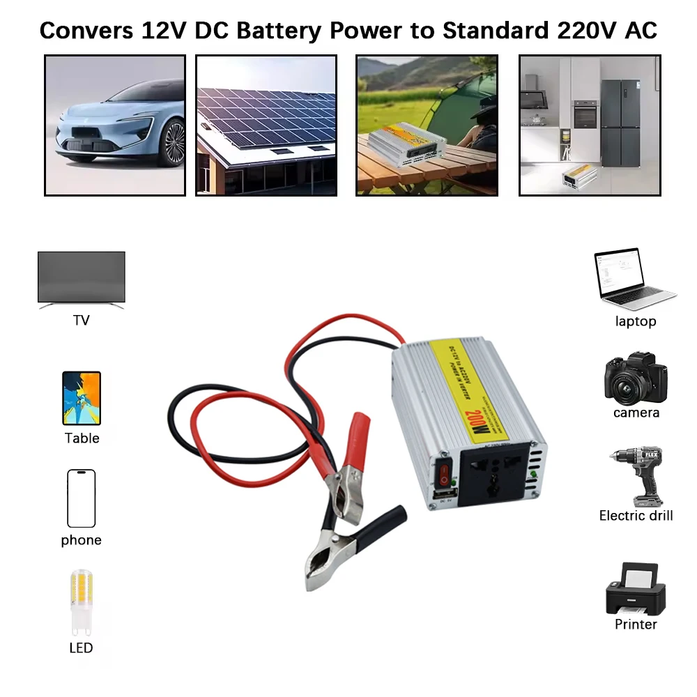 Портативный инвертор 200 Вт, уличный инвертор, солнечный инвертор, USB DC 12 В в AC 220 В, преобразователь USB, зажим для аккумулятора, универсальная розетка