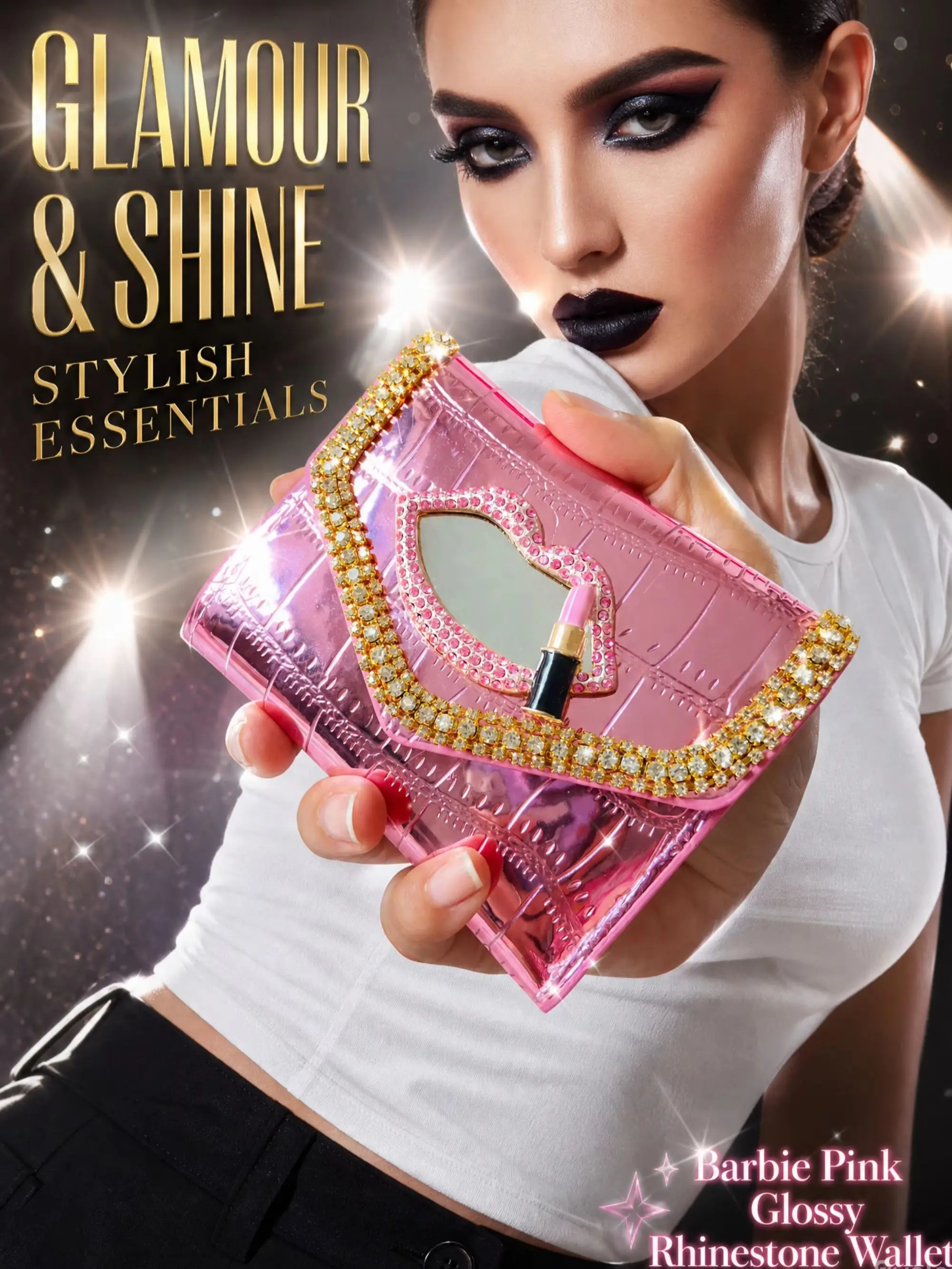 Quirky Red Lips with Smoky Makeup Short Wallet, Pure Handmade Luxury Heavy-Duty Rhinestone-Embellished High-End Women's Wallet, Mini Women's Wallet, Sparkling Rhinestone Evening Wallet for Girls