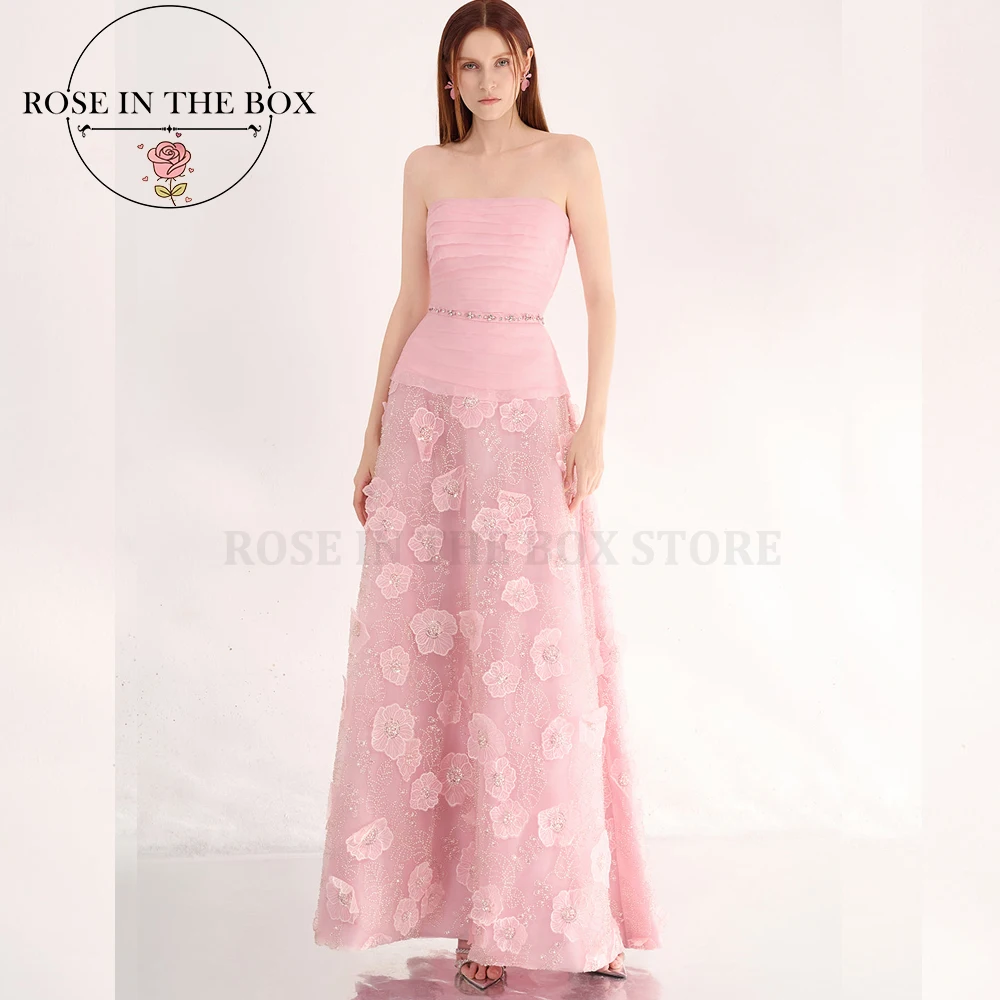 ROSEINTHEBOX Customized Pink Strapless A-line 3D Floral Evening Dresses Romantic Formal Dress Long Prom Dress for Christmas