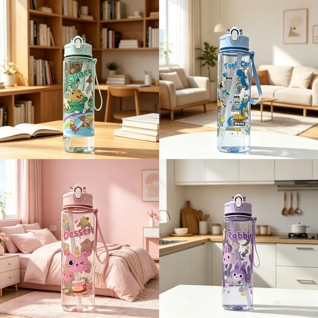 Botella de Agua Transparente Premium con Diseño de Dibujos Animados, a Prueba de Fugas, de Alta Estética, Duradera y Reutilizable, Vaso de Plástico Compacto y Ligero