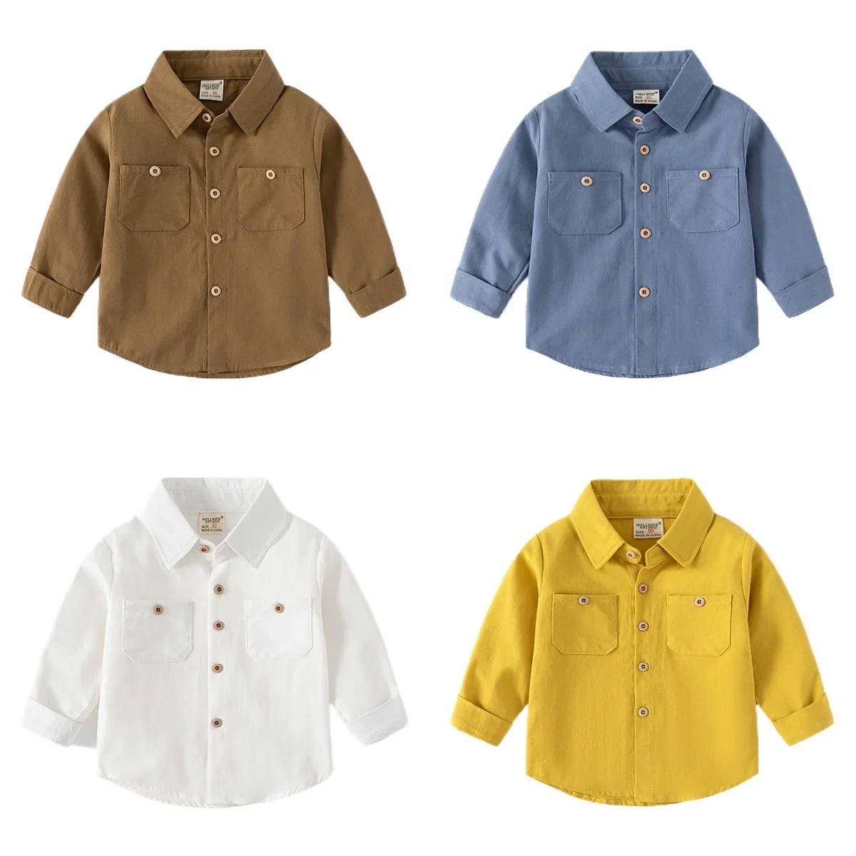 Spring Autumn Boys' Long Sleeve Double Pocket Casual Cotton Solid Color Shirt, Kids Loose Handsome Top, Ages 3-8, 4 Colors