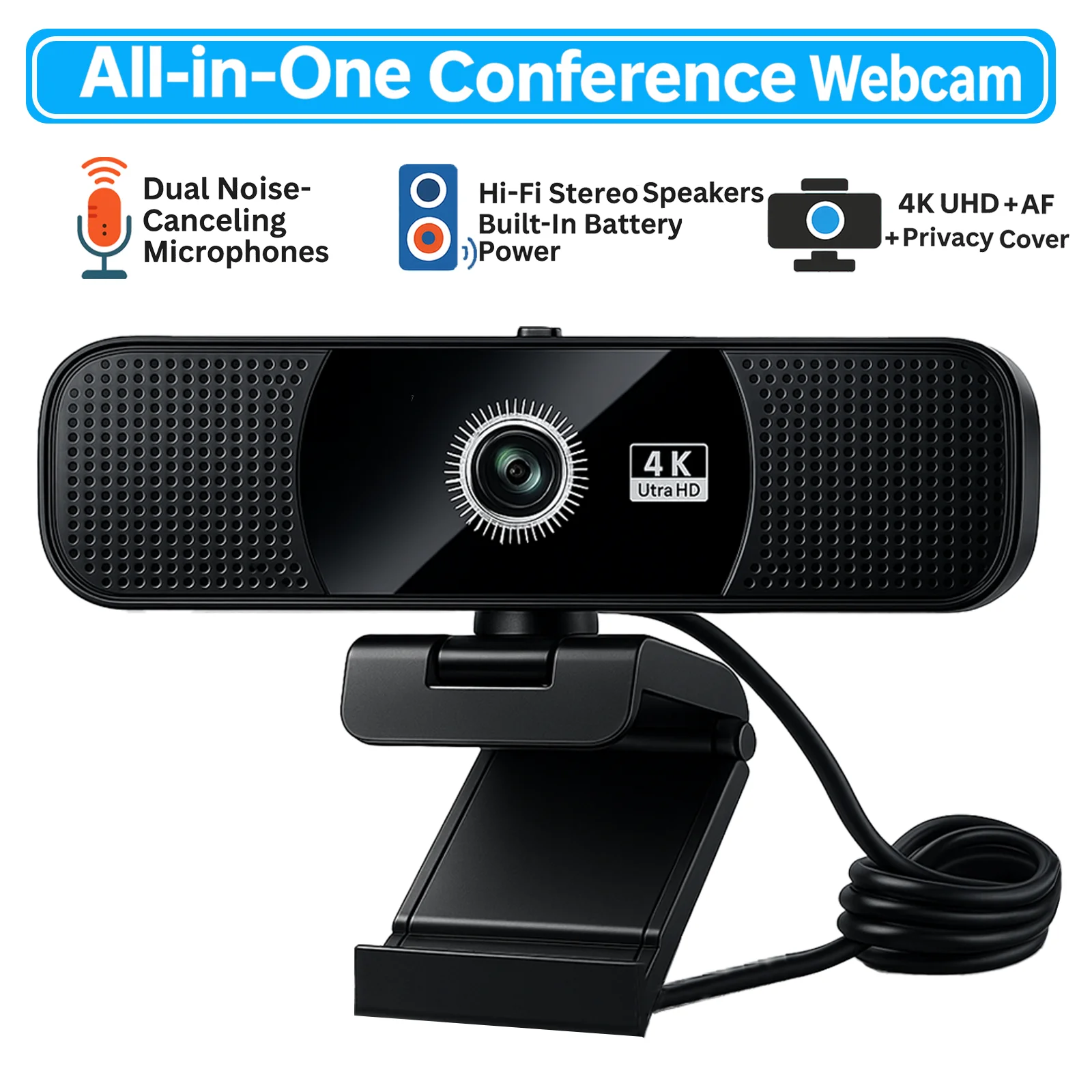 4K Ultra HD Autofocus Webcam w/ Hi-Fi Stereo Speakers&Dual Noise-Canceling Mics — Creative Christmas Gift for Work, Streaming