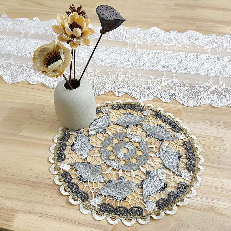 Colorful Round Lace Placemats, Hollow Out Embroidery Table Mats for Dinner Plates, Rustic Floral Coasters for Cups