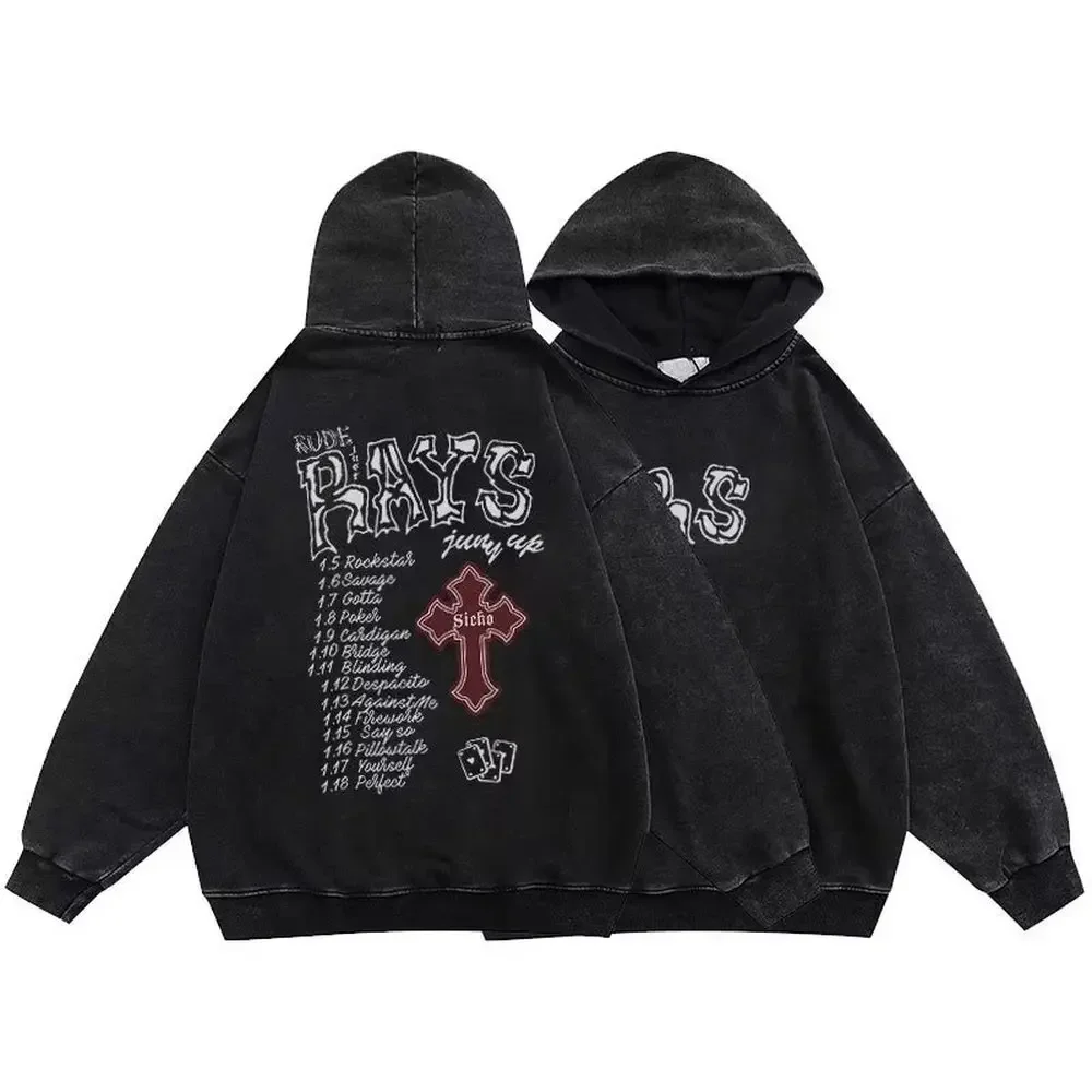 Gothic Vintage Washed Hoodies Letter Print Sweatshirts Streetwear Y2K Skeleton Hoodie Cotton Long Sleeve Pullover Hip Hop Hoody