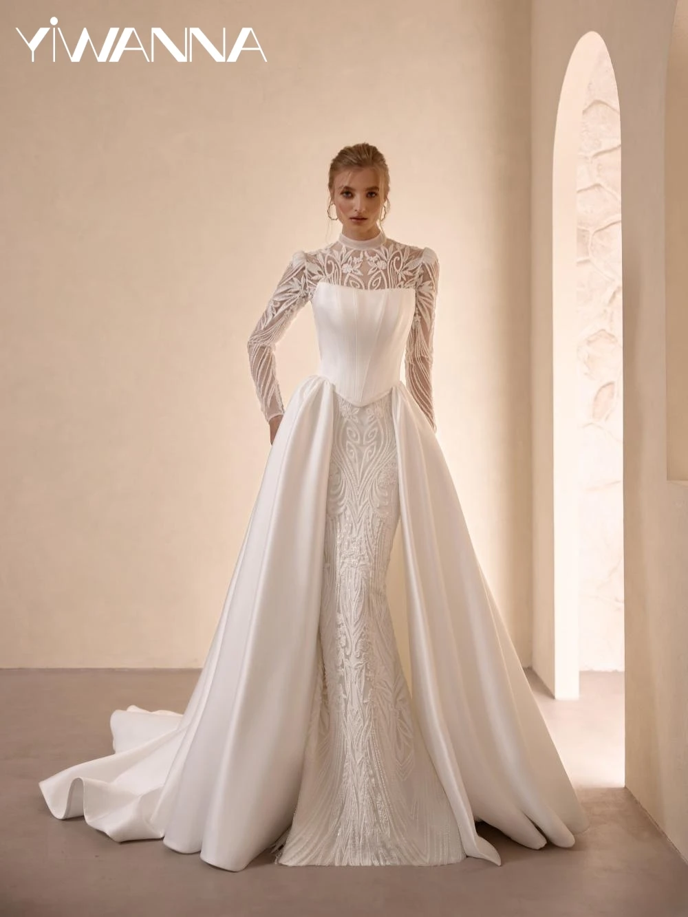 

Detachable Train Gorgeous Beaded Long Wedding Dress Modest High Collar Bridal Gown 2026 Customized Sparkling Dresses For Bride