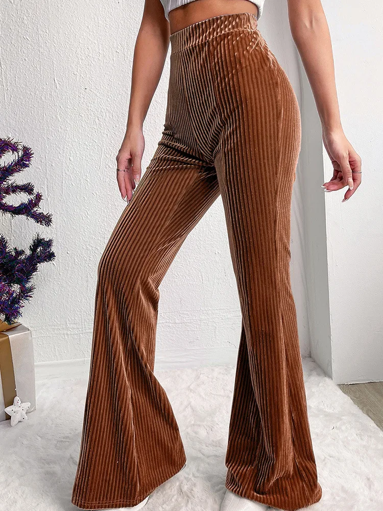 2025 New European and American Women's Fashion, Sexy, Pure Color High-waisted Velvet Corduroy Bell-bottom Pants