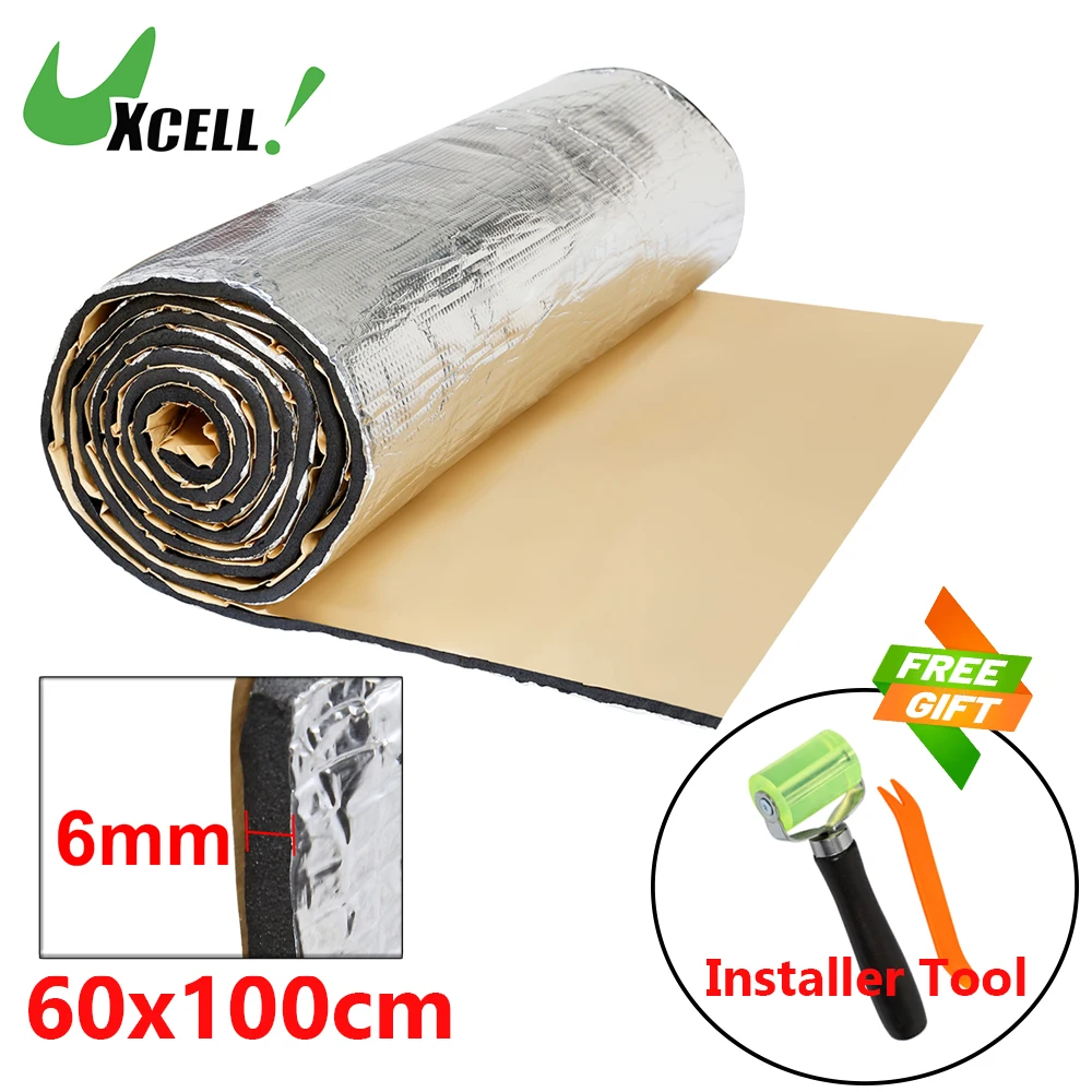 Uxcell 60x100cm Car noise insulation Mat 6mm Aluminium Coating Cotton Door Hood Engine Heat Thermal Insulation W/ Installer Tool