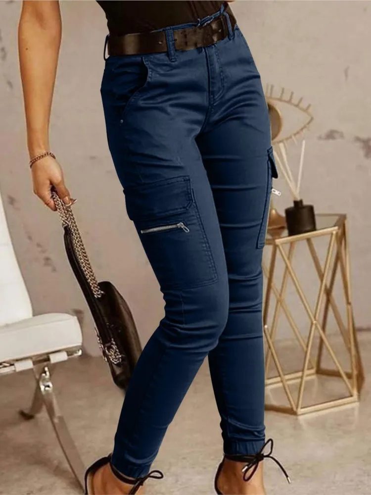 Moda mulher calças de trabalho primavera outono casual multi-bolso apertado pé calças de cintura baixa botão cor sólida leggings femininas