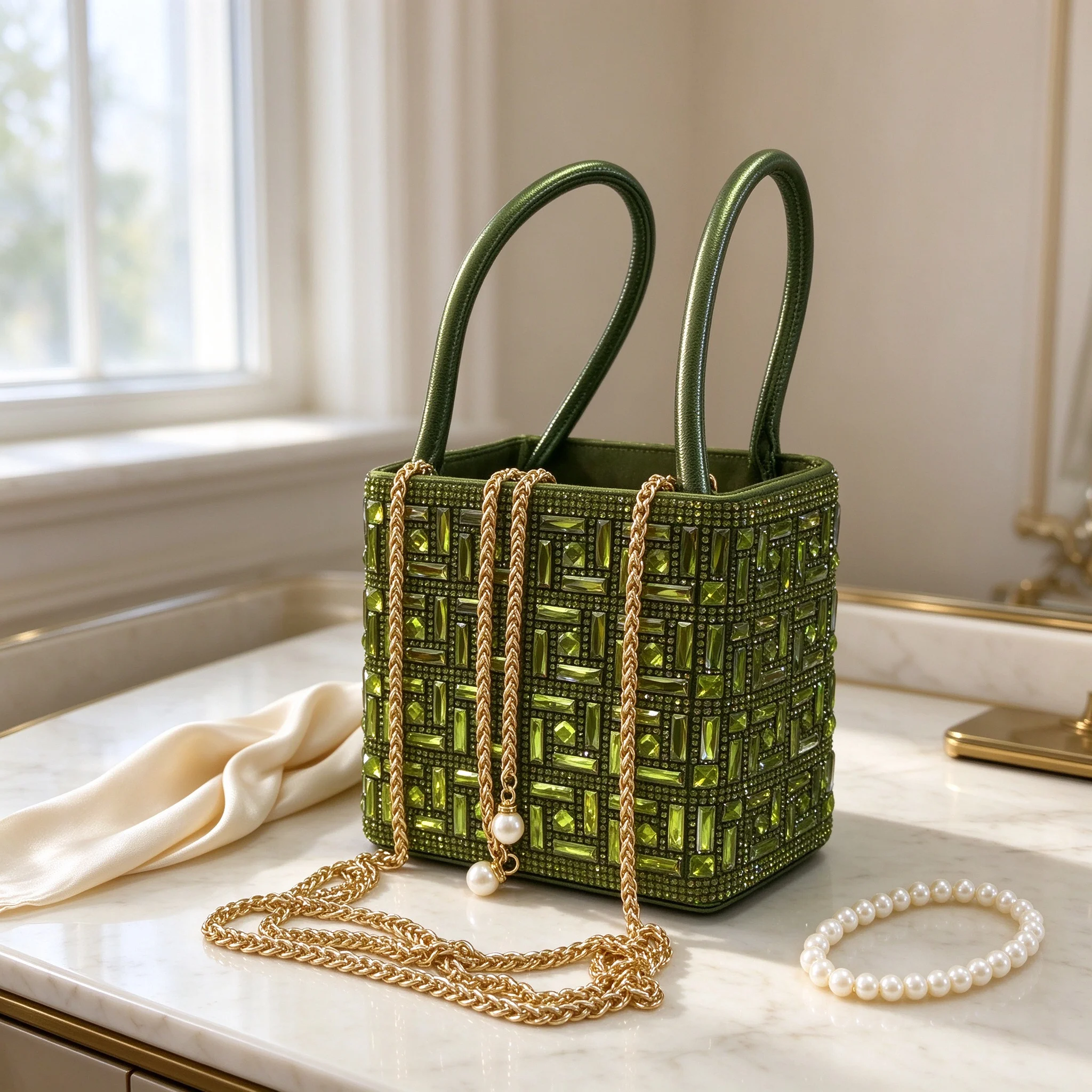 Rhinestone Mini Handbag Women Olive Green Square Purse 12x12x12cm Leather Handle Drawstring Gold Chain Pearl Evening Party Gift