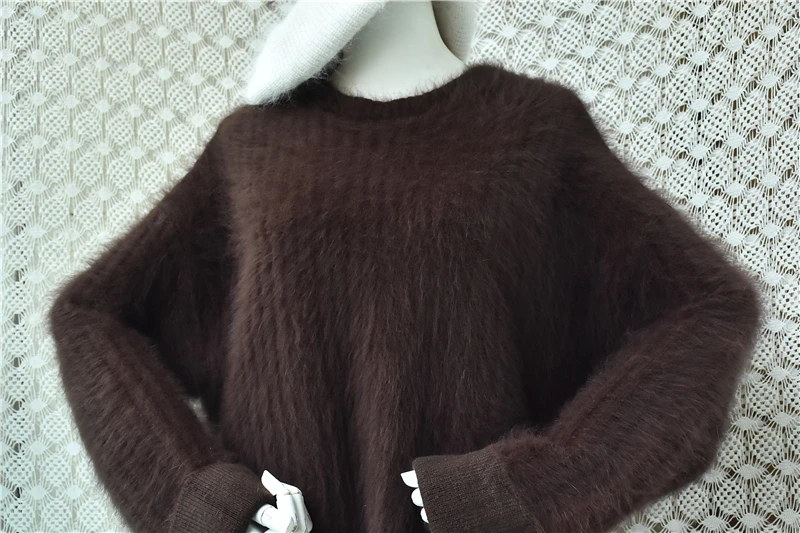 Women Mujer Autumn Winter Thick Warm Hairy Angora Rabbit Hair Knitted Striped O-Neck Long Sleeves Loose Pullover Sweater Jumper