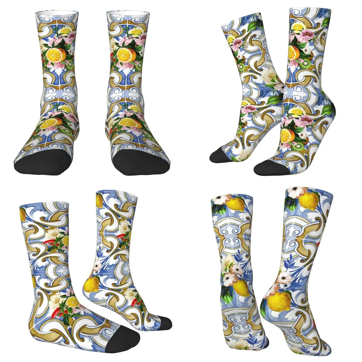 

Sicilian Tiles,mediterranean,mosaic,lemons Socks Harajuku Super Soft Stockings All Season Long Socks for Unisex Christmas Gifts