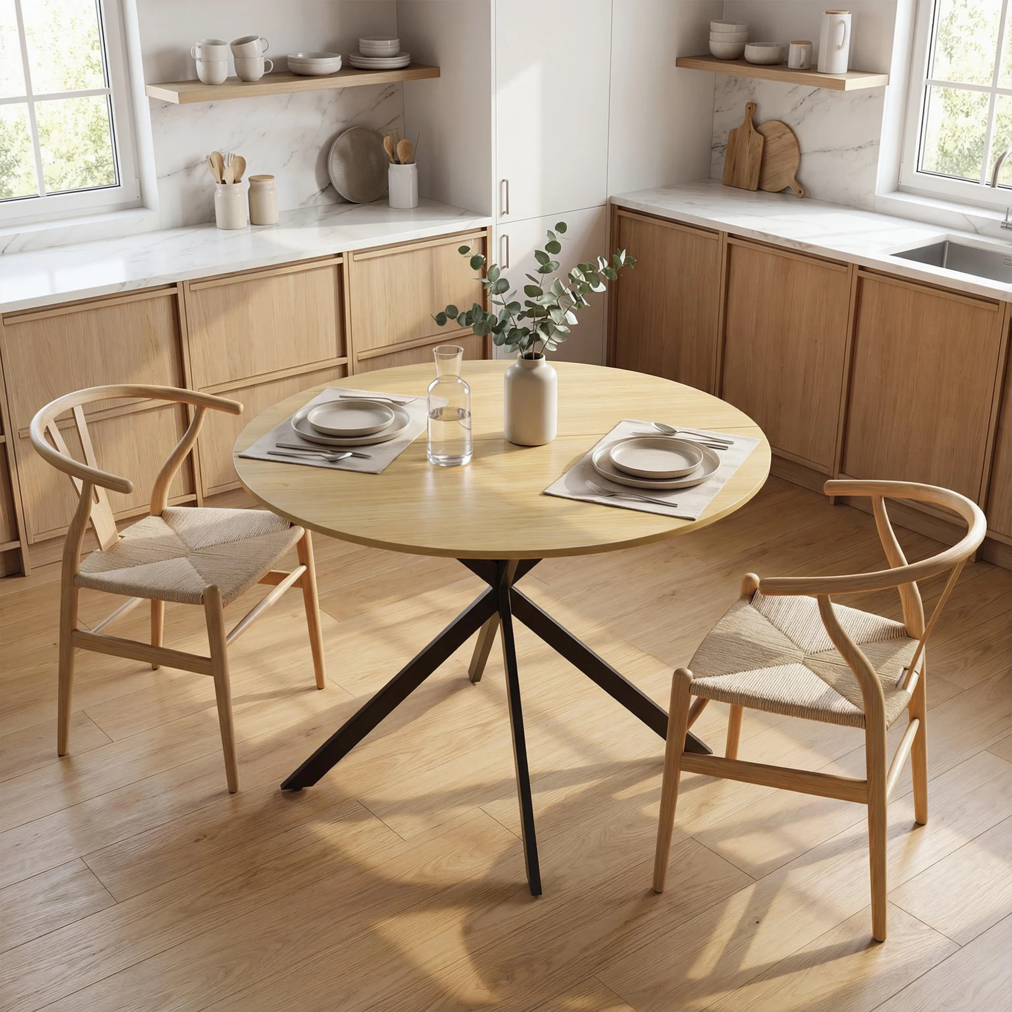 Afbeelding 9: Ronde eettafel voor 4 personen, keukentafel in industriële stijl met stalen poten, voor eetkamer, keuken, eikenhout
