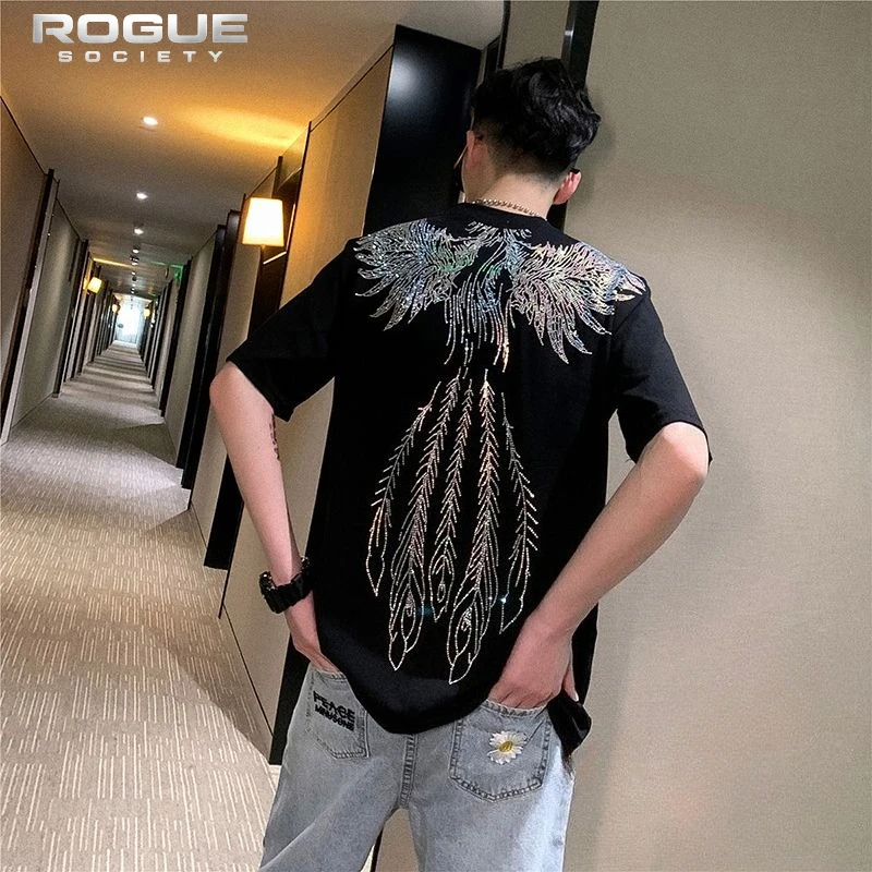 New Streetwear Summer Rhinestone Phoenix Print Men Tshirt Pure Cotton HipHop Gothic Harajuku Punk Y2K Casual Trendy Tees Unisex