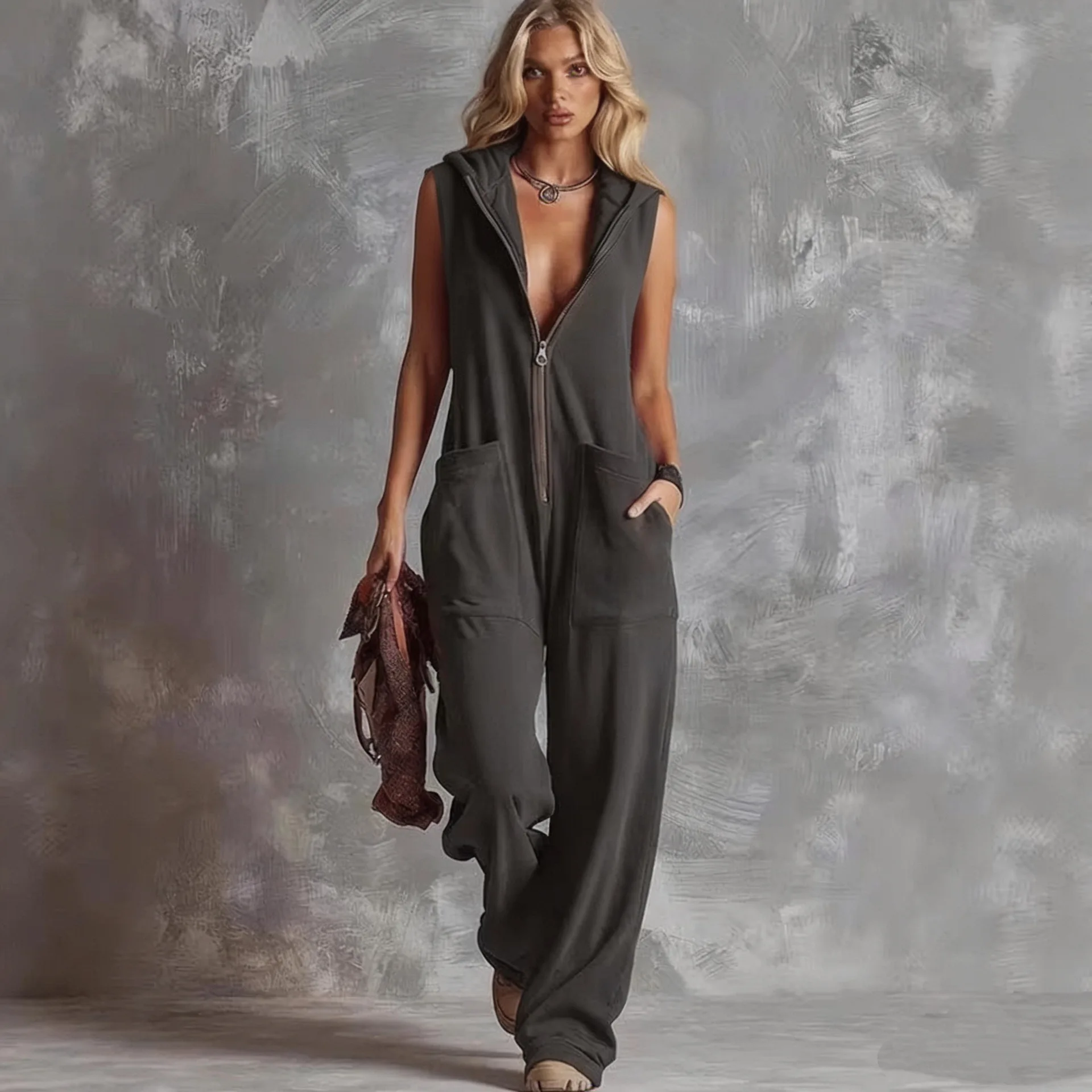 

Women's Zipper Jumpsuit Retro Hooded V-neck 2026 Spring Summer New Fashion Casual Pocket Sleeveless Solid Color Jumpsuit
