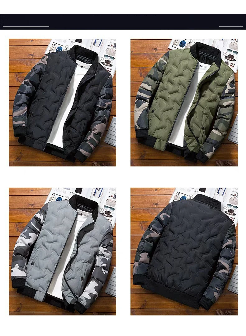 Men\'s Stand Collar Outwear Coat Men Winter Baseball Jacket Camouflage Patchwork Cotton Coats Slim Fit College Warm Jackets MY209