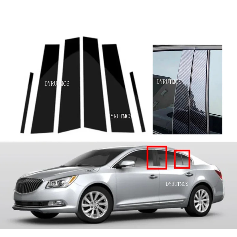 6pcs Glossy Black Silver Carbon Pillar Posts  Fit For Buick Lacrosse 2009-2014 2015 2016 Door Moulding Trim Window Sticker Cover